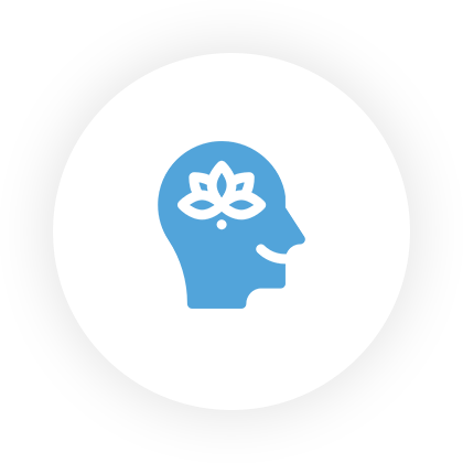 A blue and white icon of a person with a flower in their head.